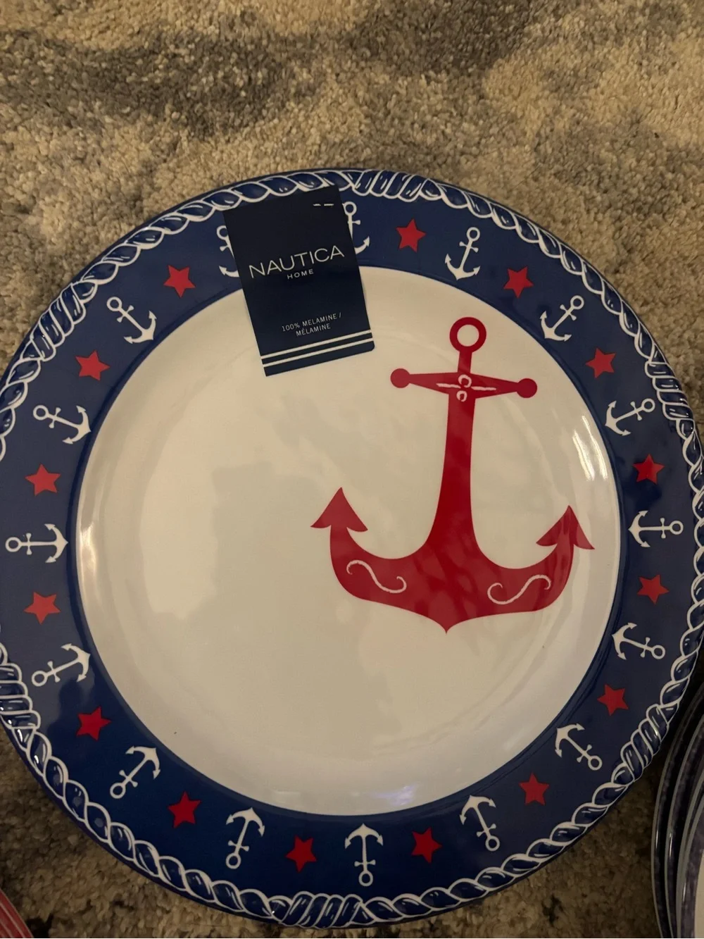 Nautica White/Blue/Red Anchor Heavyweight 100% Melamine DINNER Plate set of 4